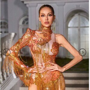 NWT Mew Mews Shatora One Shoulder Rhinestone Fringe Bodysuit